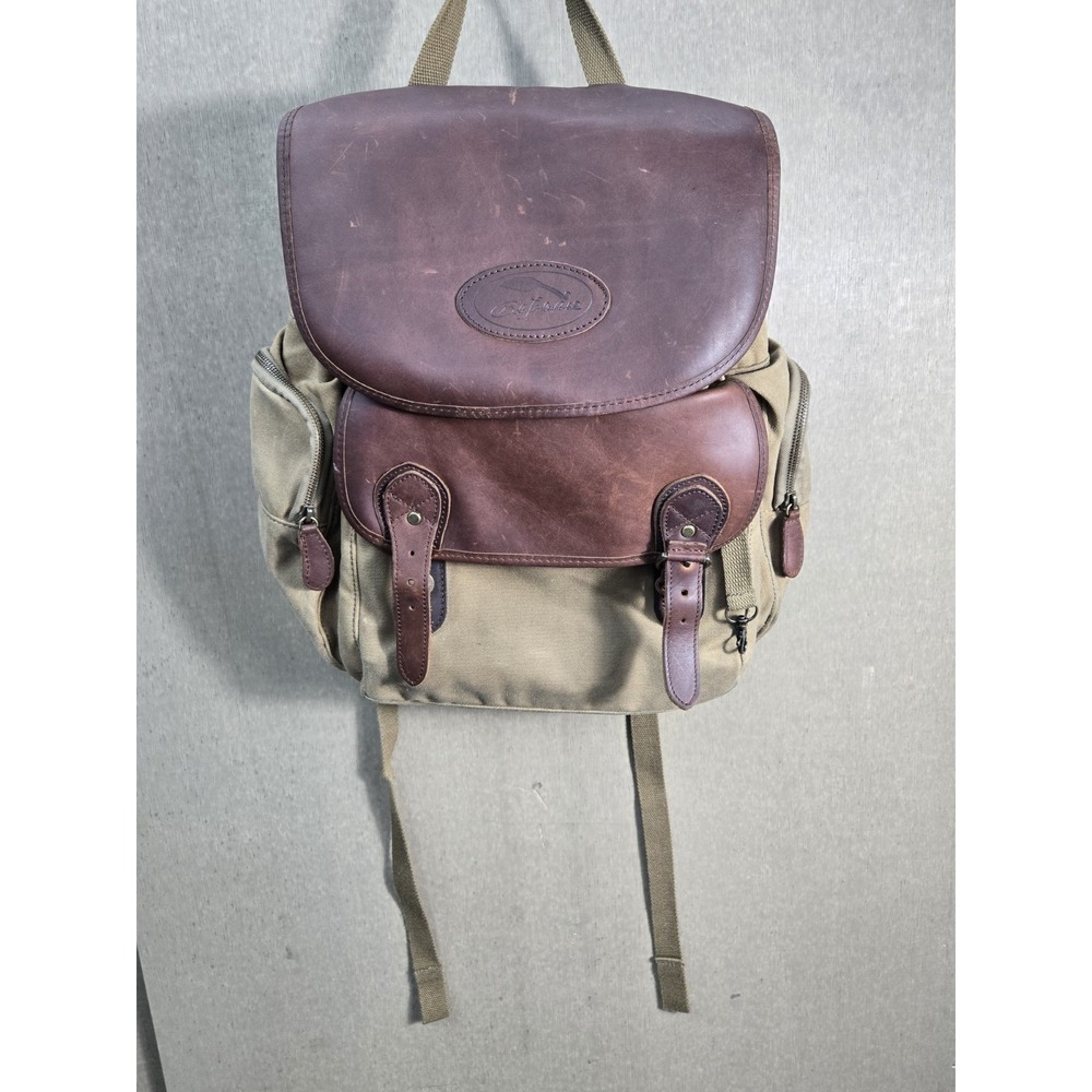 Leather-Trim Olive Canvas Backpack with Brown Flap